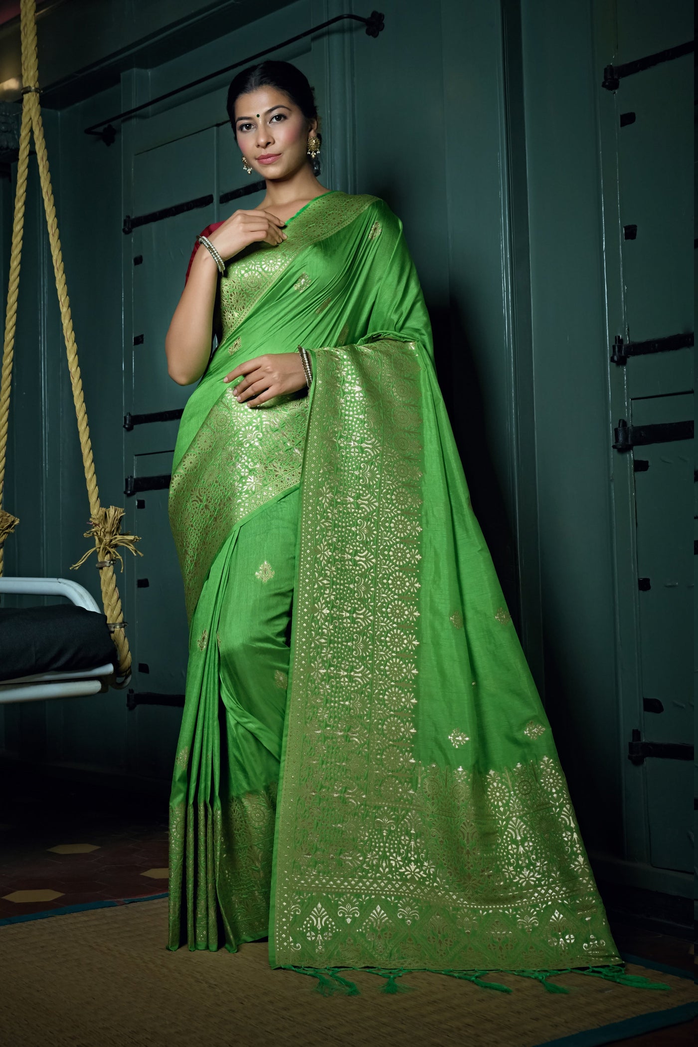 Slime Green Golden Zari Banarasi Silk Saree