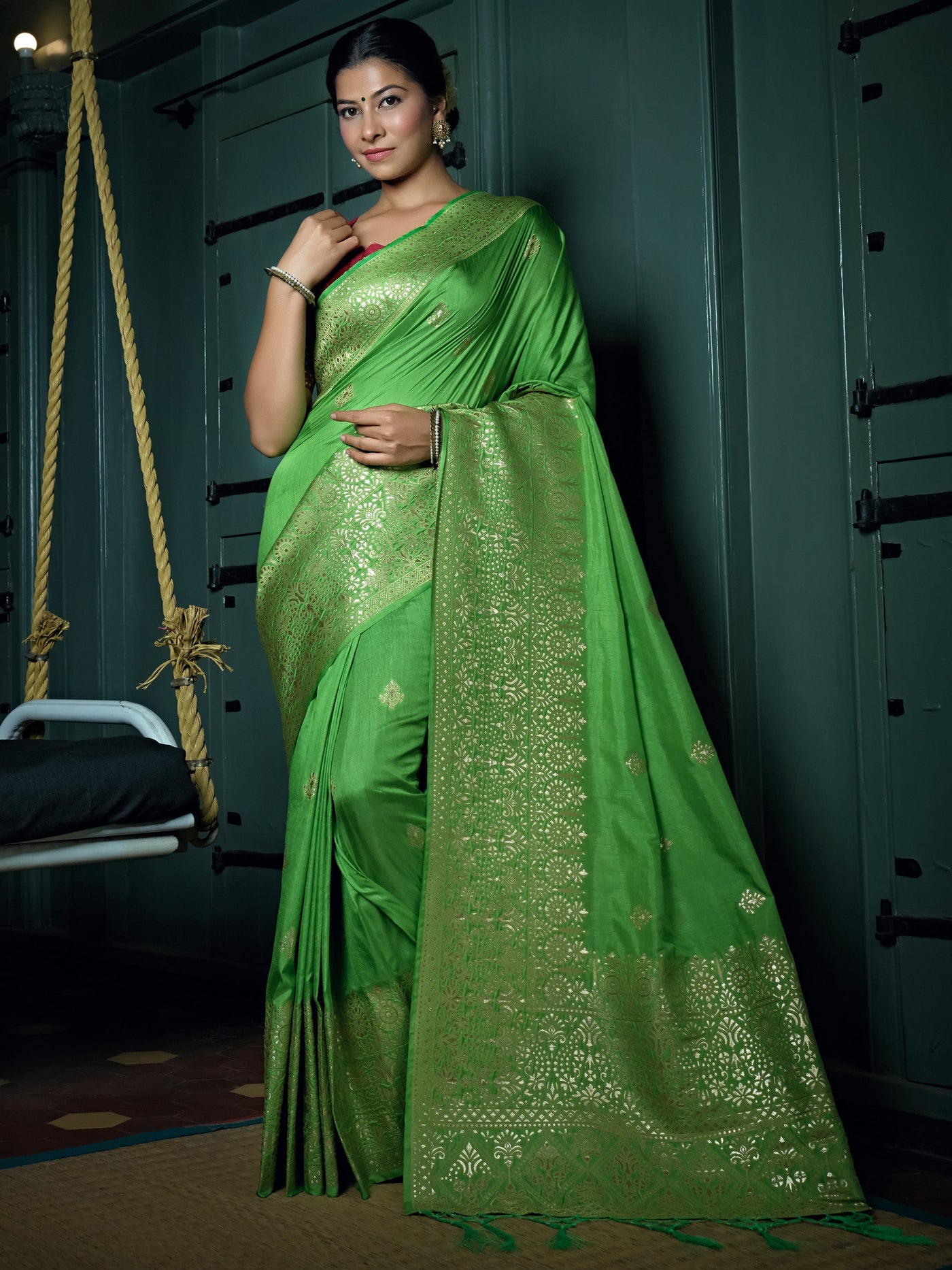 Slime Green Golden Zari Banarasi Silk Saree