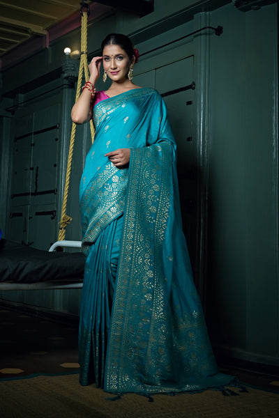 Sapphire Blue Golden Zari Banarasi Silk Saree