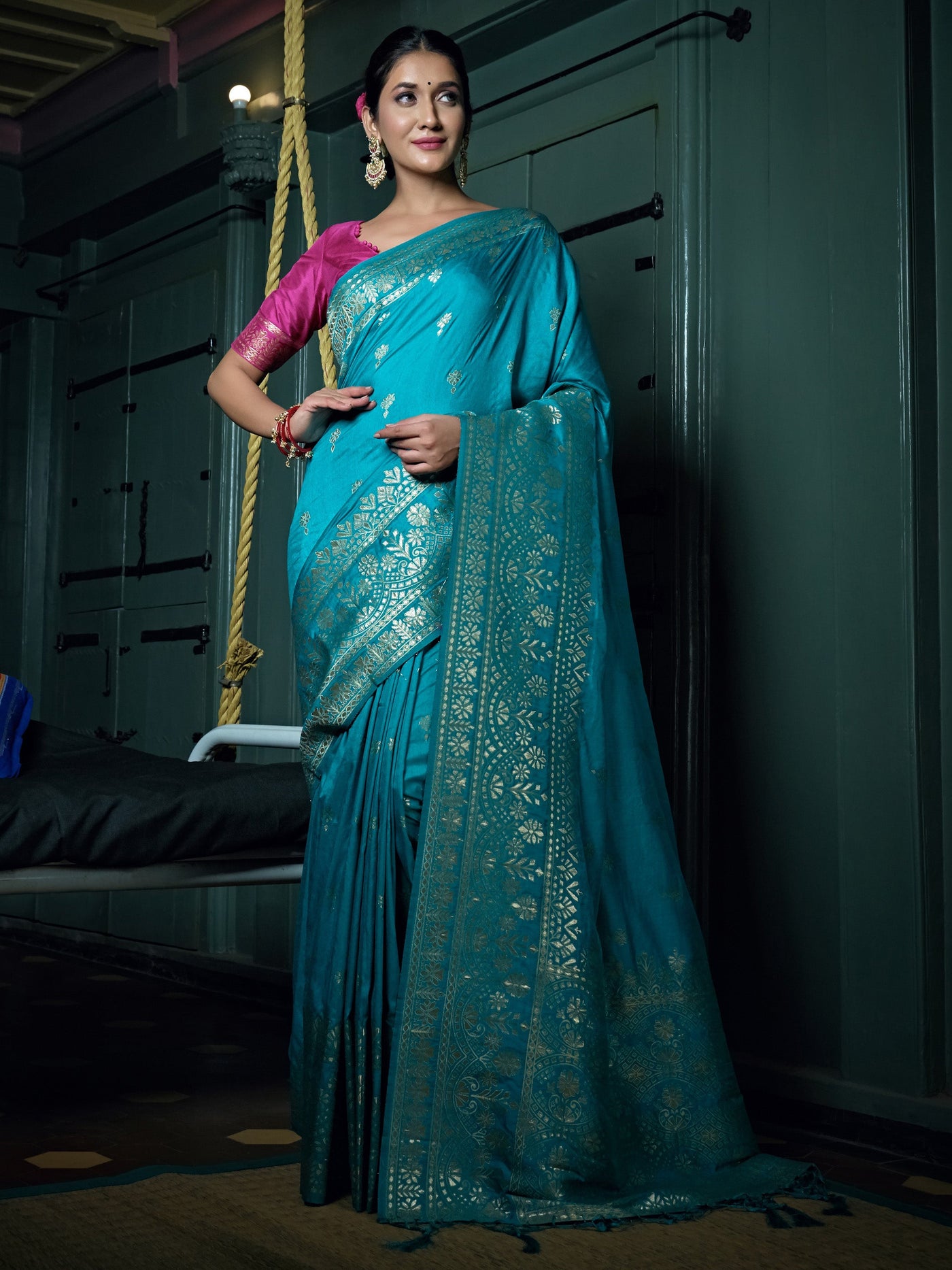 Sapphire Blue Golden Zari Banarasi Silk Saree