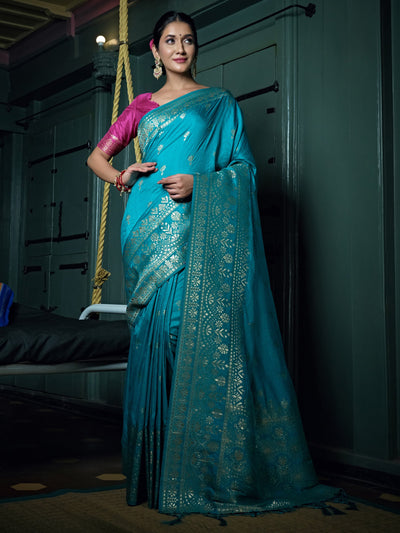 Sapphire Blue Golden Zari Banarasi Silk Saree