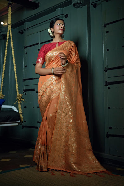 Coral Orange Golden Zari Banarasi Silk Saree - House of Vardha