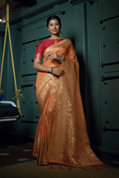 Coral Orange Golden Zari Banarasi Silk Saree - House of Vardha