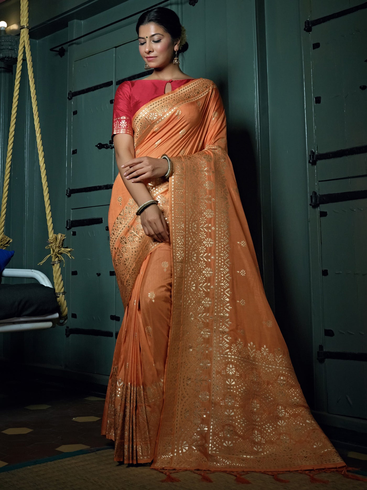 Coral Orange Golden Zari Banarasi Silk Saree - House of Vardha