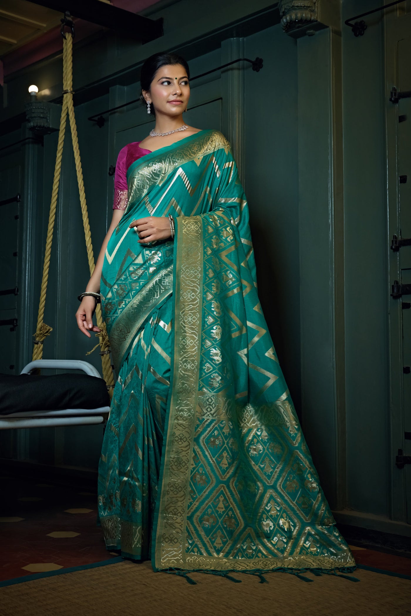 Tiffany Blue Golden Zari Banarasi Silk Saree
