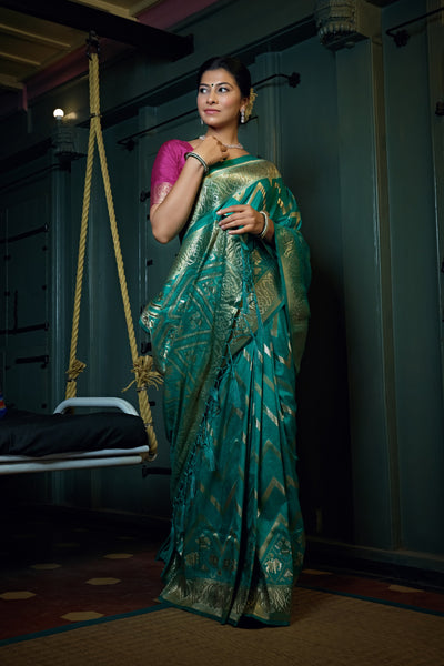 Tiffany Blue Golden Zari Banarasi Silk Saree
