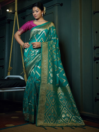 Tiffany Blue Golden Zari Banarasi Silk Saree