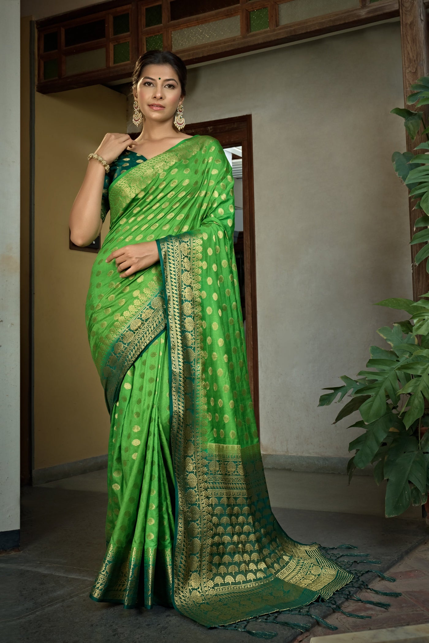 Emerald Green Banarasi Raw Silk Saree
