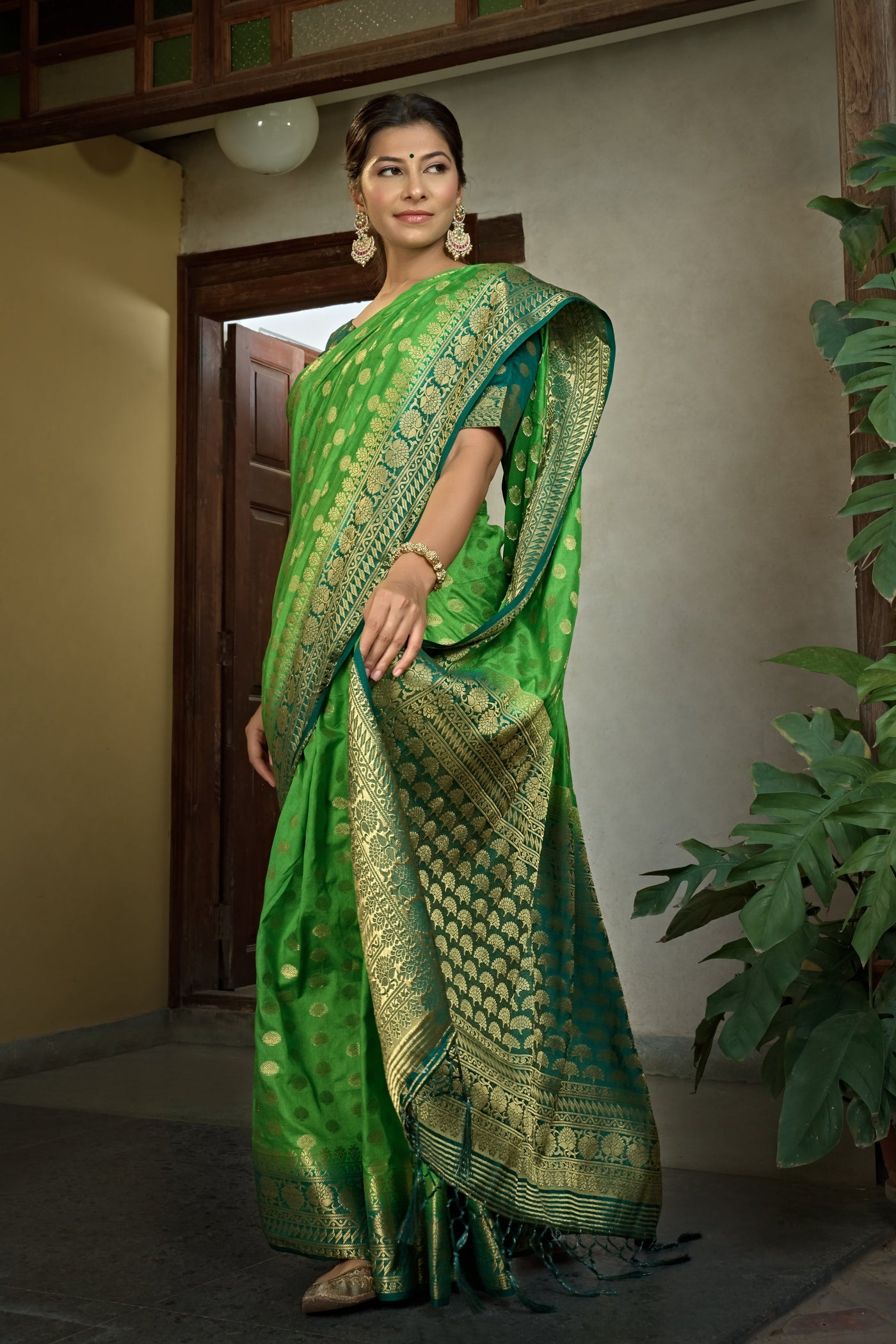 Emerald Green Banarasi Raw Silk Saree