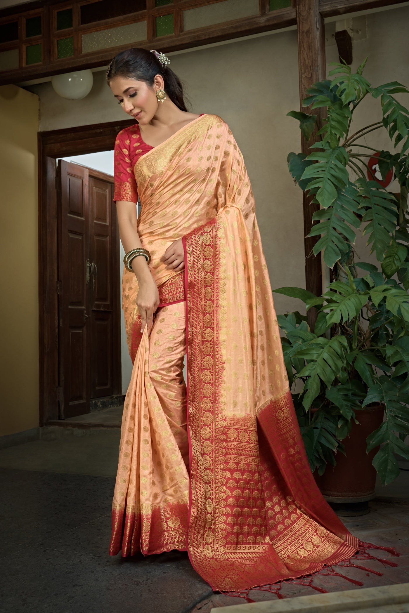 Peach Golden Zari Banarasi Raw Silk Saree