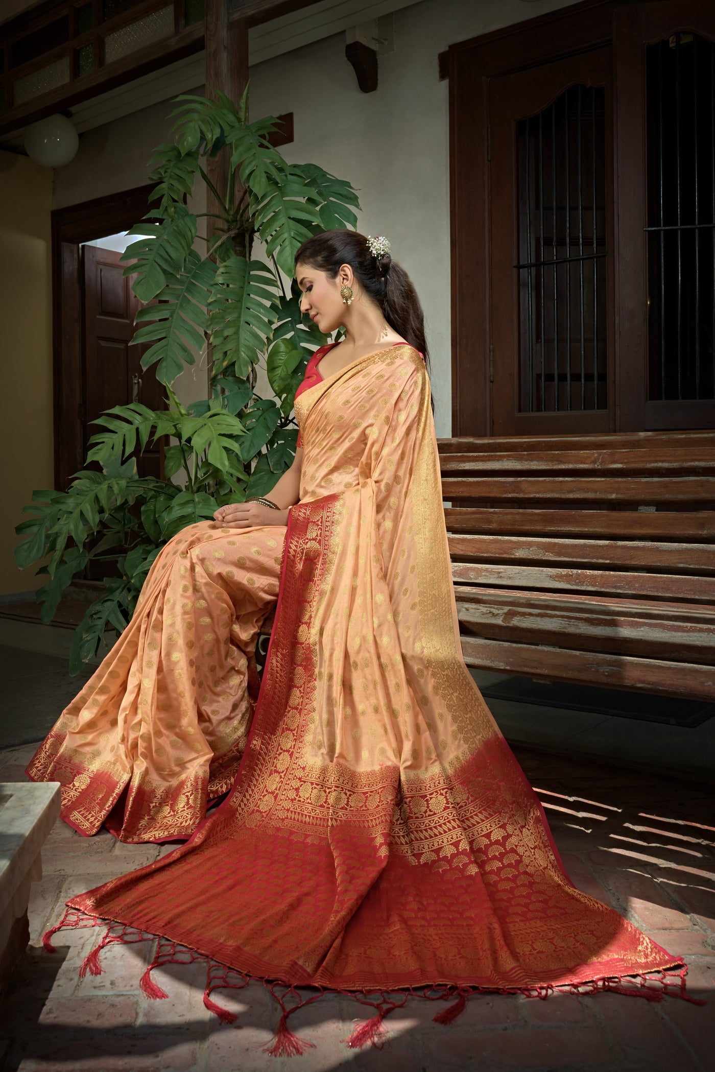 Peach Golden Zari Banarasi Raw Silk Saree