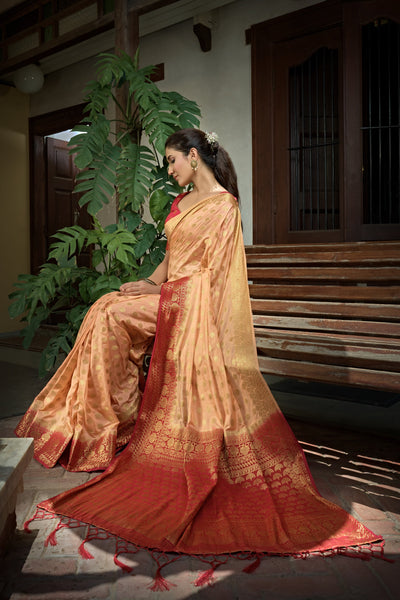 Peach Golden Zari Banarasi Raw Silk Saree