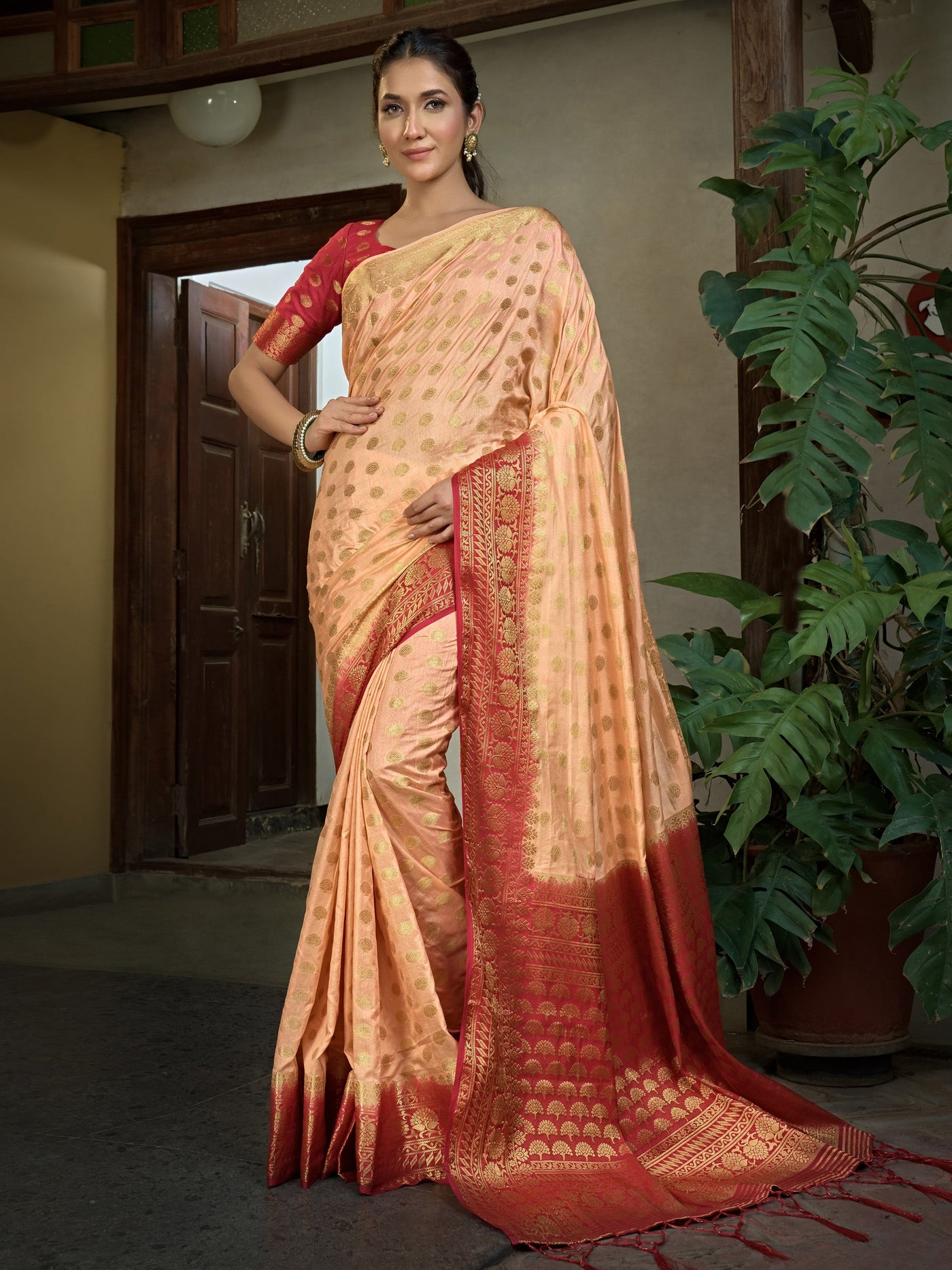 Peach Golden Zari Banarasi Raw Silk Saree