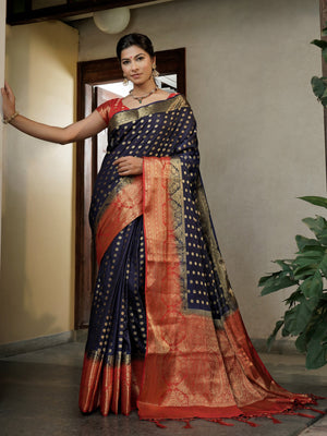 Admiral Blue Golden Zari Banarasi Raw Silk Saree - House of Vardha