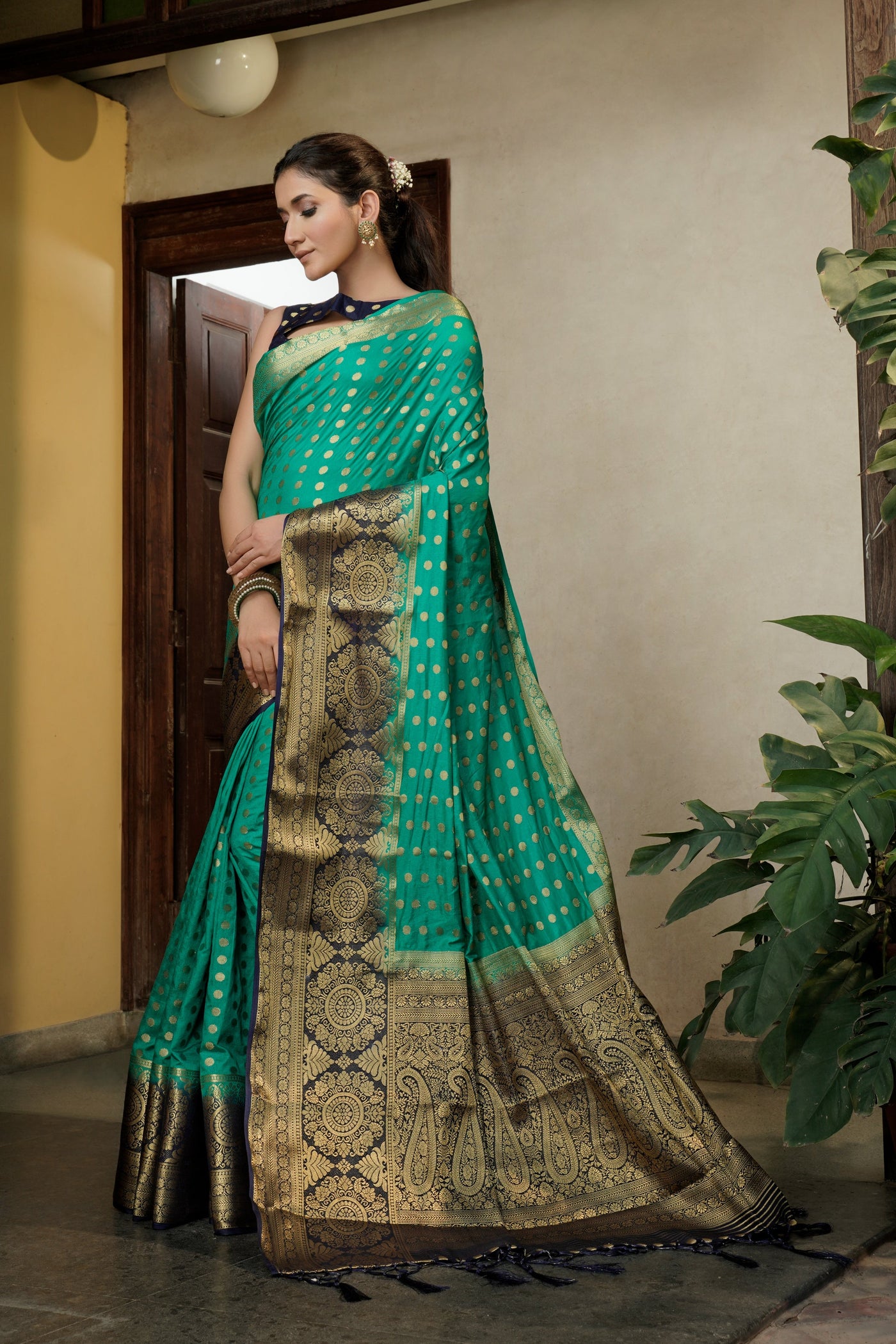 Teal Green Golden Zari Banarasi Raw Silk Saree