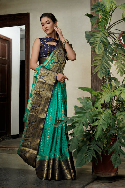 Teal Green Golden Zari Banarasi Raw Silk Saree