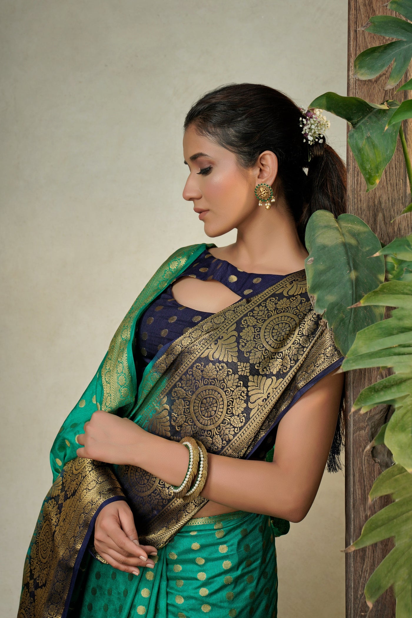 Teal Green Golden Zari Banarasi Raw Silk Saree