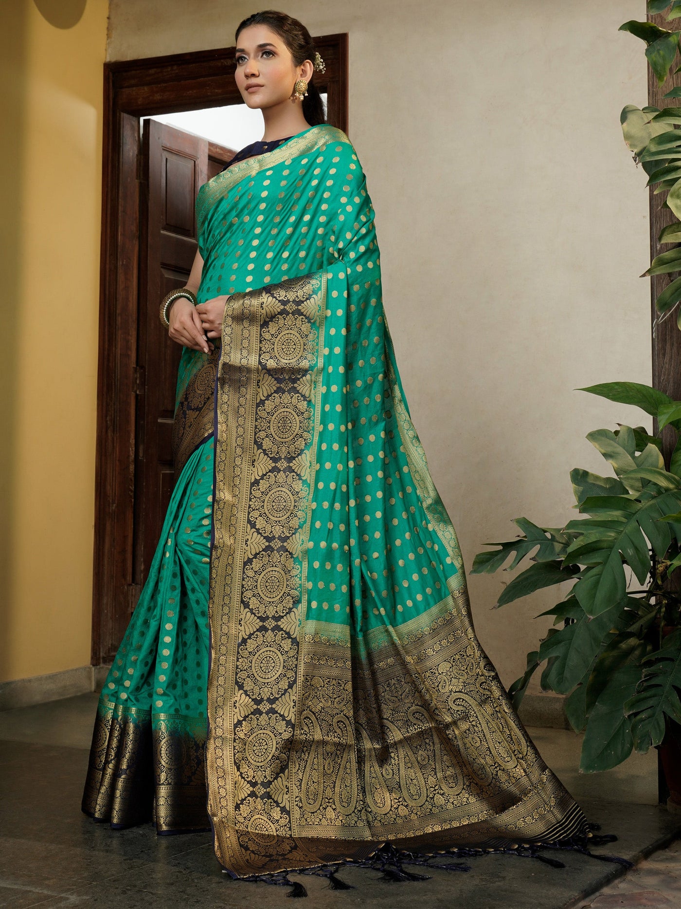 Teal Green Golden Zari Banarasi Raw Silk Saree