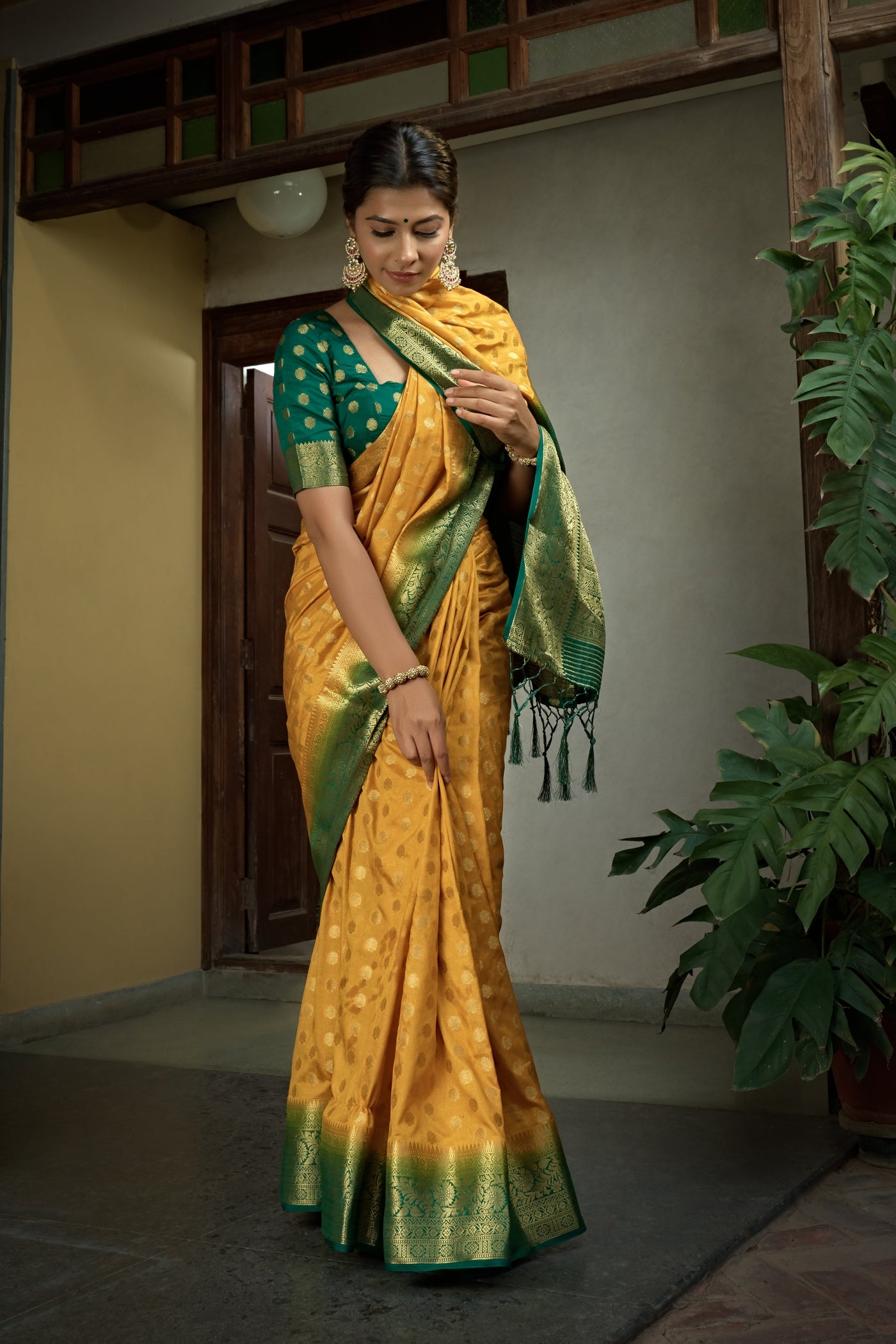 Scarlet Yellow Golden Zari Banarasi Raw Silk Saree