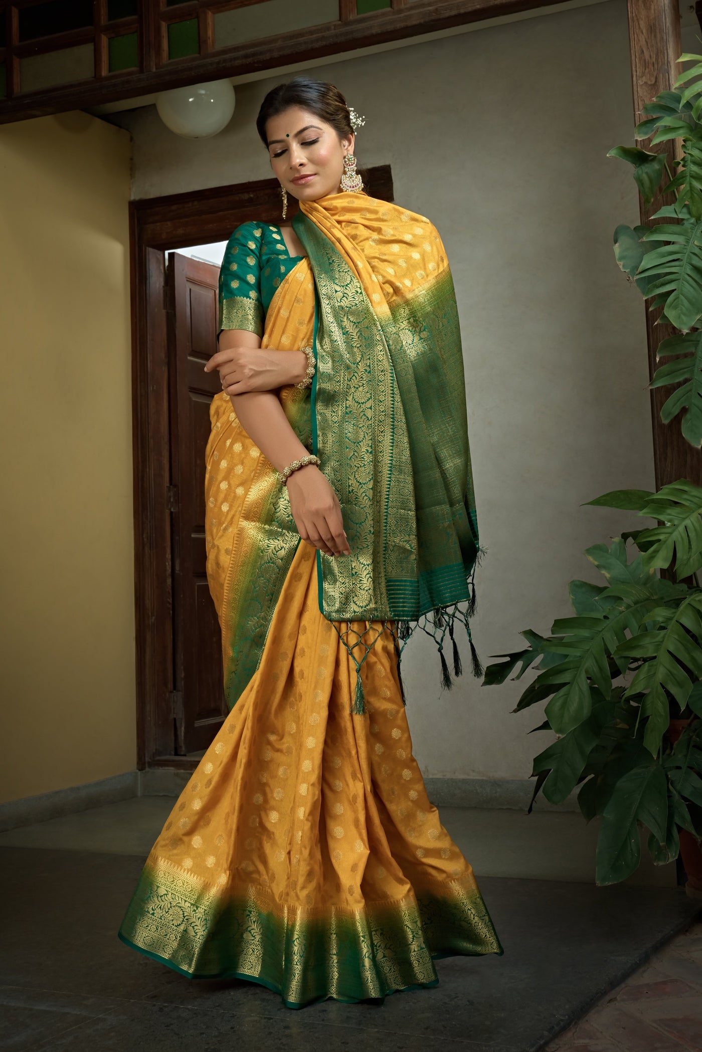 Scarlet Yellow Golden Zari Banarasi Raw Silk Saree