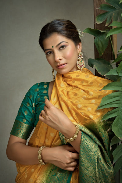 Scarlet Yellow Golden Zari Banarasi Raw Silk Saree