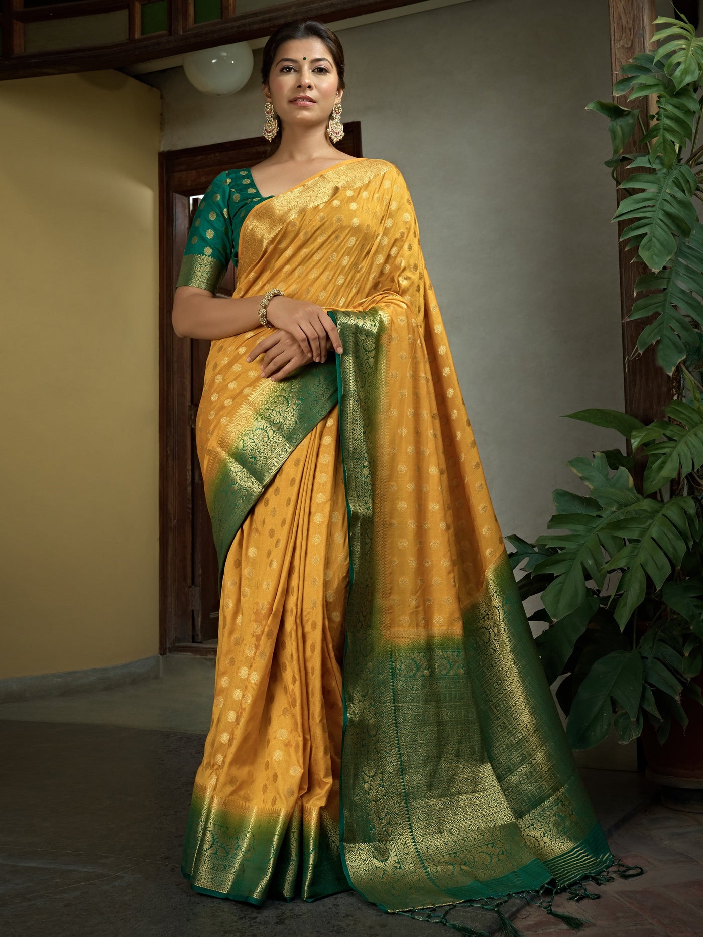 Scarlet Yellow Golden Zari Banarasi Raw Silk Saree