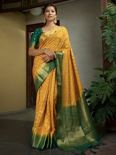 Scarlet Yellow Golden Zari Banarasi Raw Silk Saree