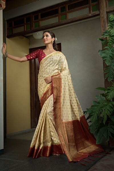 Cream White Golden Zari Banarasi Raw Silk Saree - House of Vardha