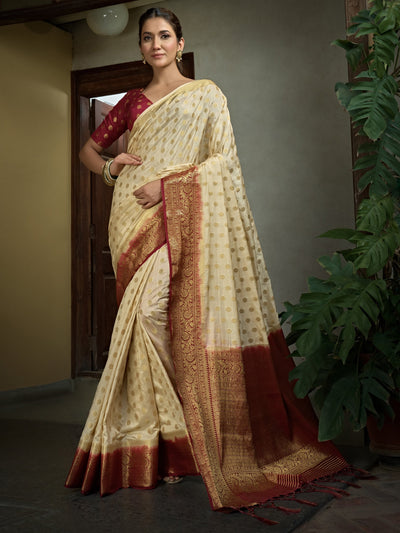 Cream White Golden Zari Banarasi Raw Silk Saree - House of Vardha