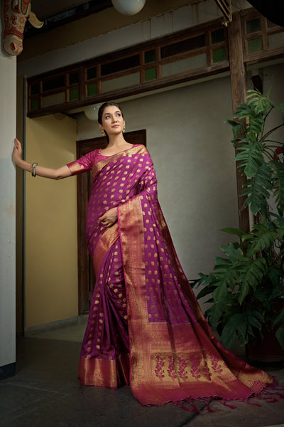 Magenta Pink Golden Zari Banarasi Raw Silk Saree