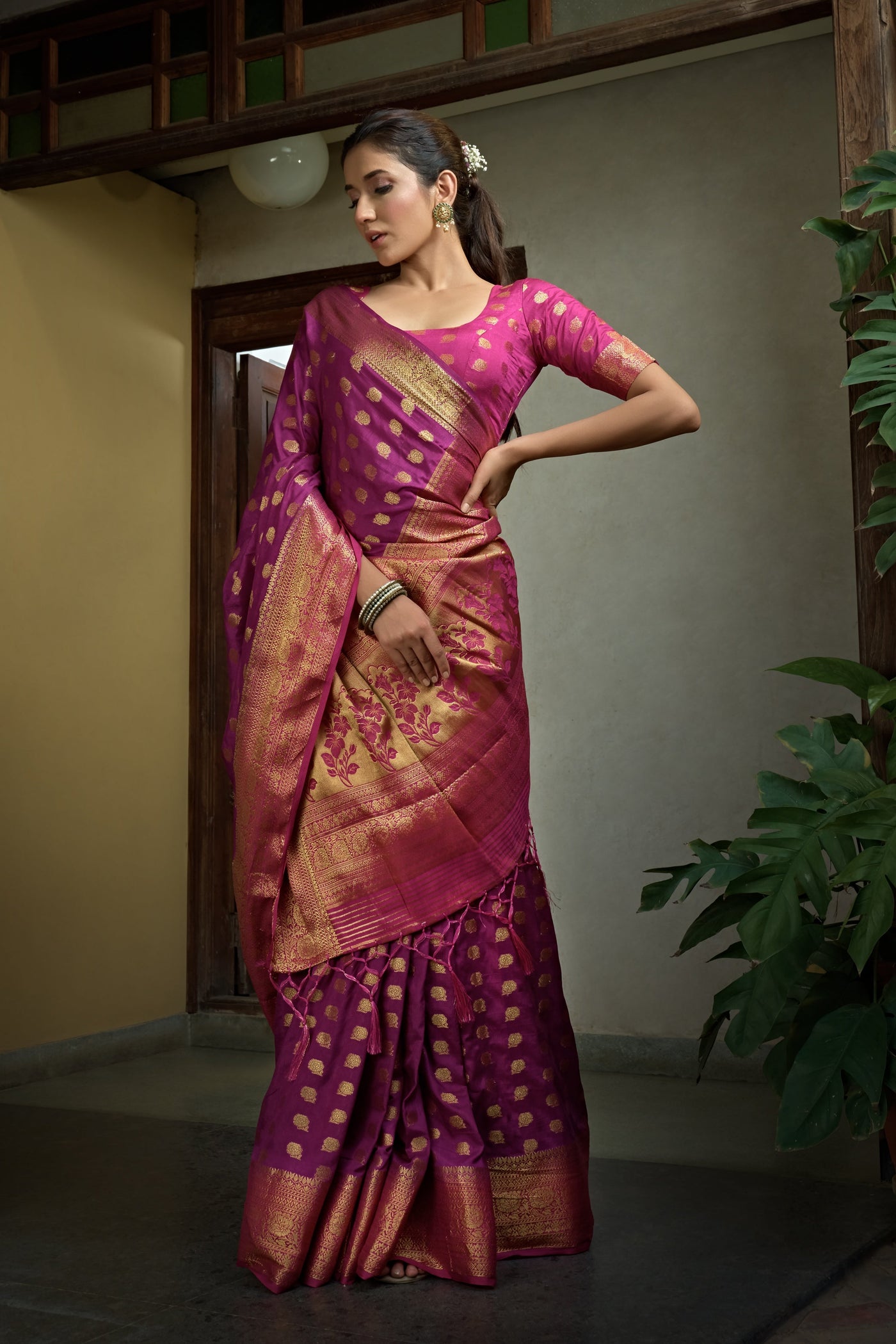 Magenta Pink Golden Zari Banarasi Raw Silk Saree