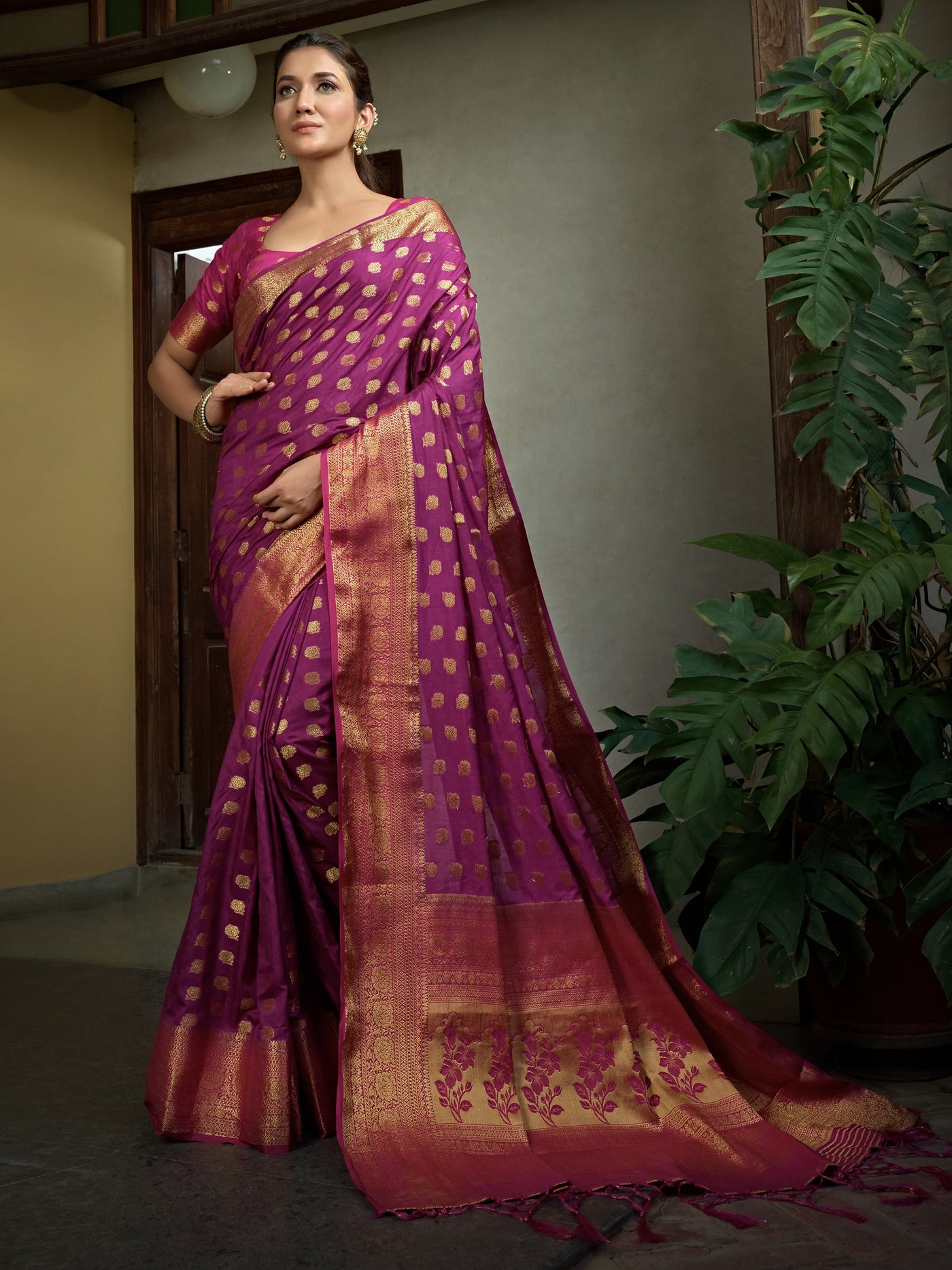 Magenta Pink Golden Zari Banarasi Raw Silk Saree
