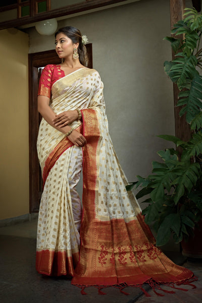 Adorn Ivory Golden Zari Banarasi Raw Silk Saree - House of Vardha