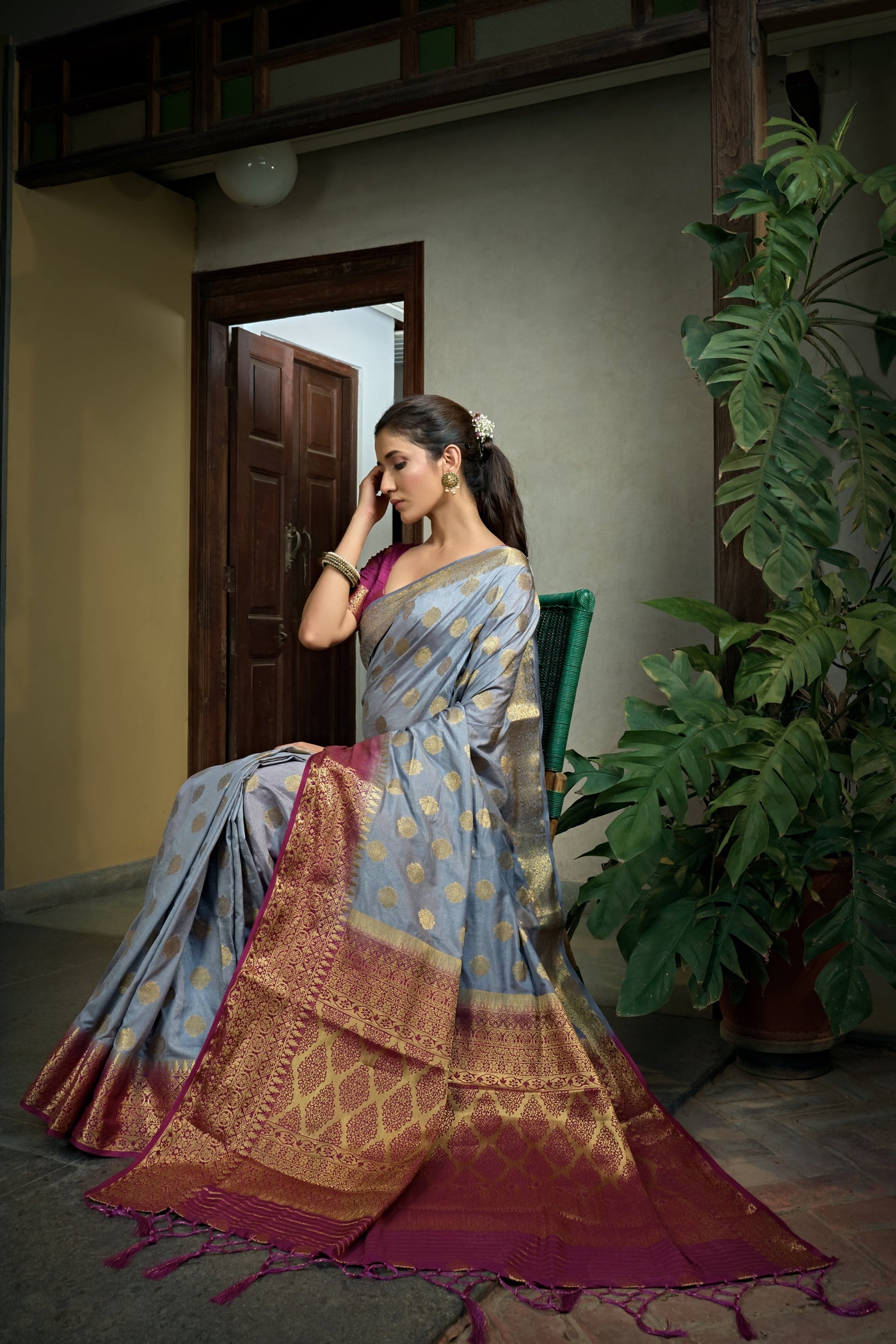 Royal Grey Golden Zari Banarasi Raw Silk Saree
