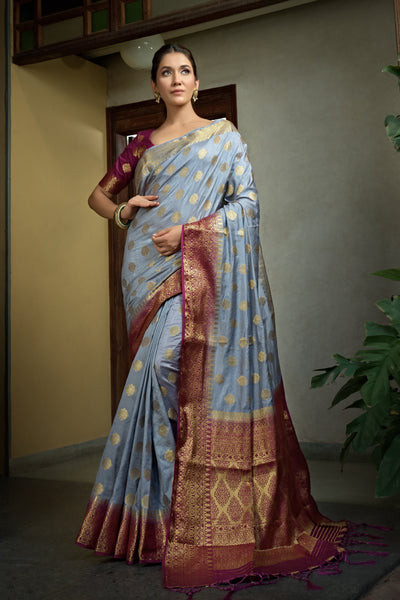 Royal Grey Golden Zari Banarasi Raw Silk Saree