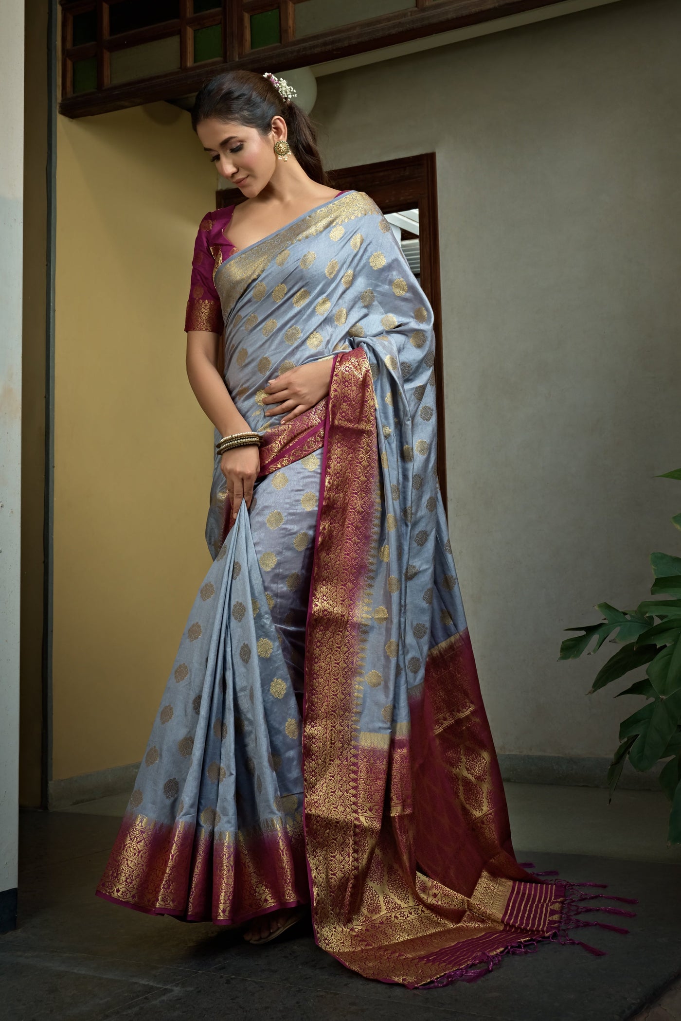 Royal Grey Golden Zari Banarasi Raw Silk Saree