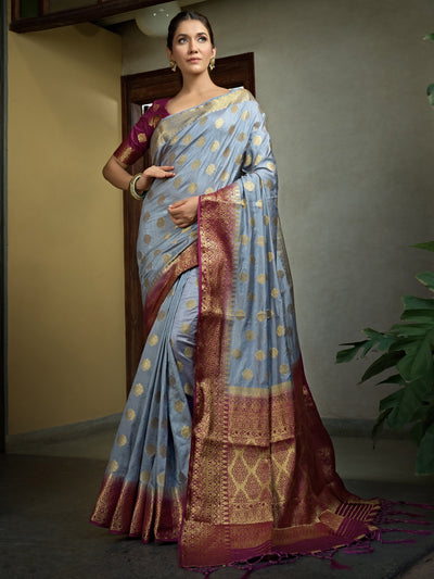 Royal Grey Golden Zari Banarasi Raw Silk Saree