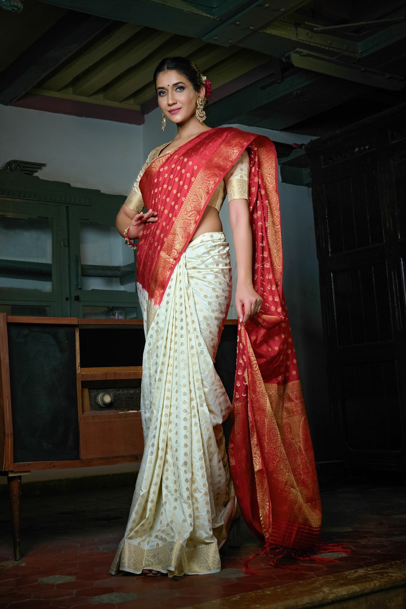 Rose Red-Ivory White Golden Zari Banarasi Raw Silk Saree