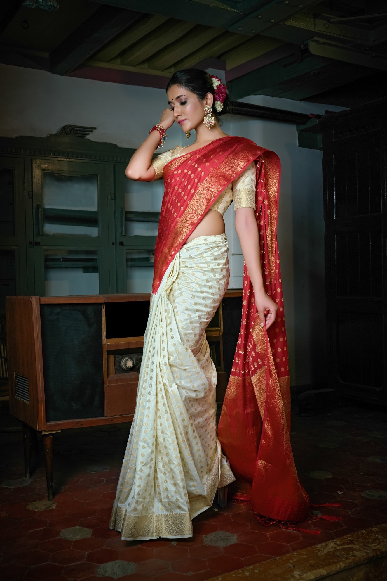 Rose Red-Ivory White Golden Zari Banarasi Raw Silk Saree