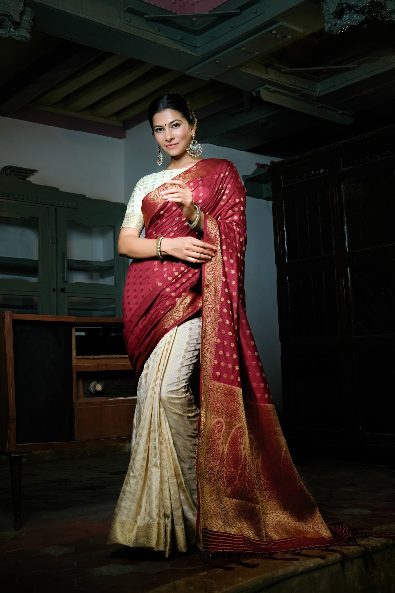 Maroon Red-Ivory White Golden Zari Banarasi Raw Silk Saree