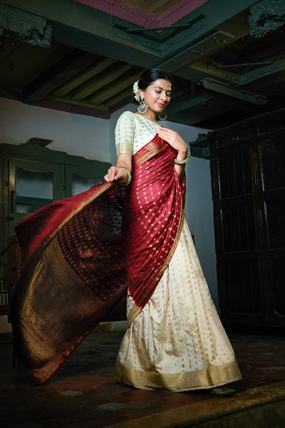 Maroon Red-Ivory White Golden Zari Banarasi Raw Silk Saree