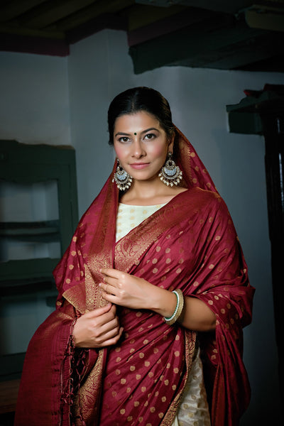 Maroon Red-Ivory White Golden Zari Banarasi Raw Silk Saree