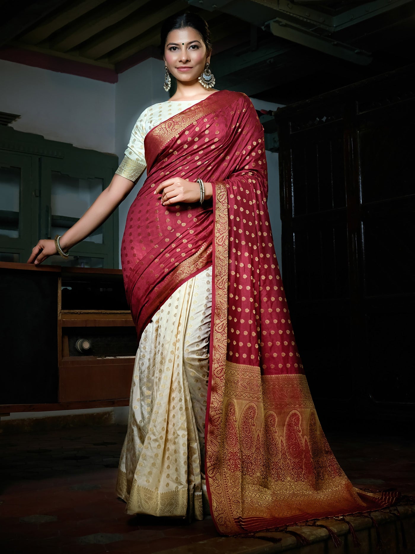 Maroon Red-Ivory White Golden Zari Banarasi Raw Silk Saree