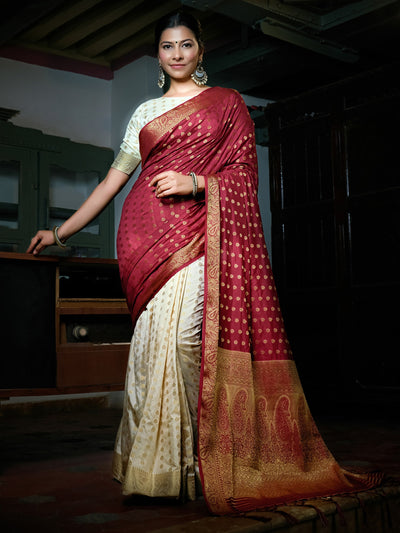 Maroon Red-Ivory White Golden Zari Banarasi Raw Silk Saree