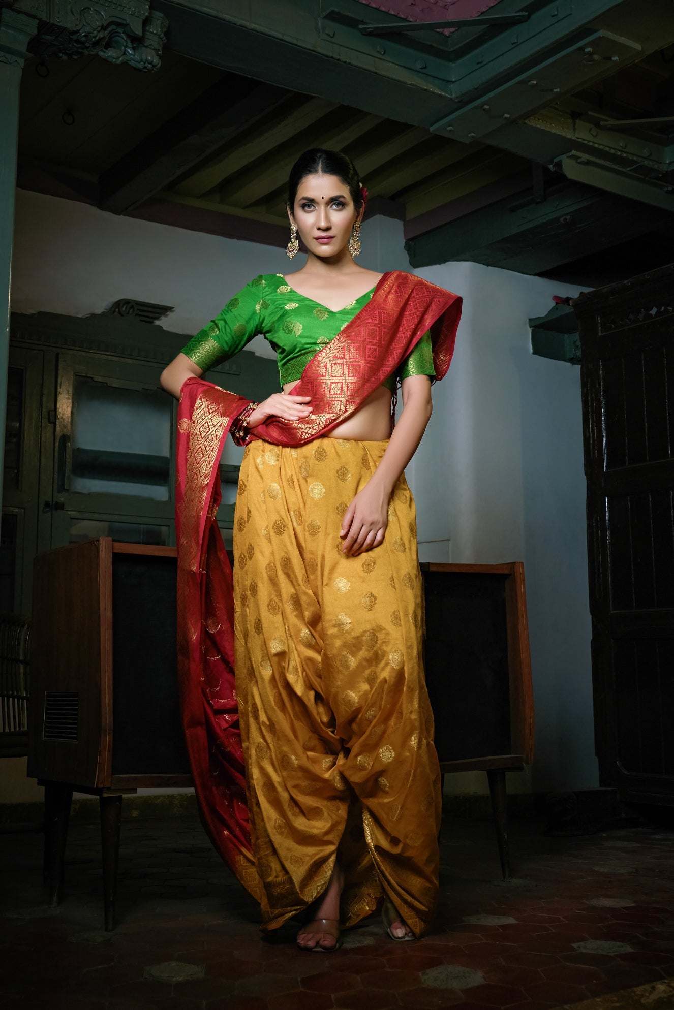 Mustard Yellow-Rosewood Red Golden Zari Banarasi Raw Silk Saree