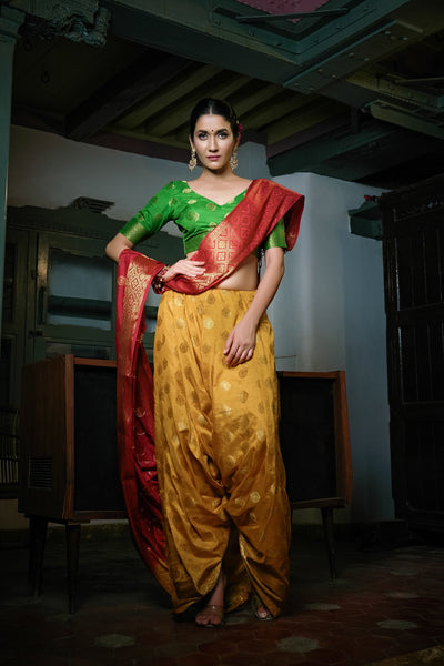 Mustard Yellow-Rosewood Red Golden Zari Banarasi Raw Silk Saree