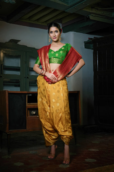 Mustard Yellow-Rosewood Red Golden Zari Banarasi Raw Silk Saree