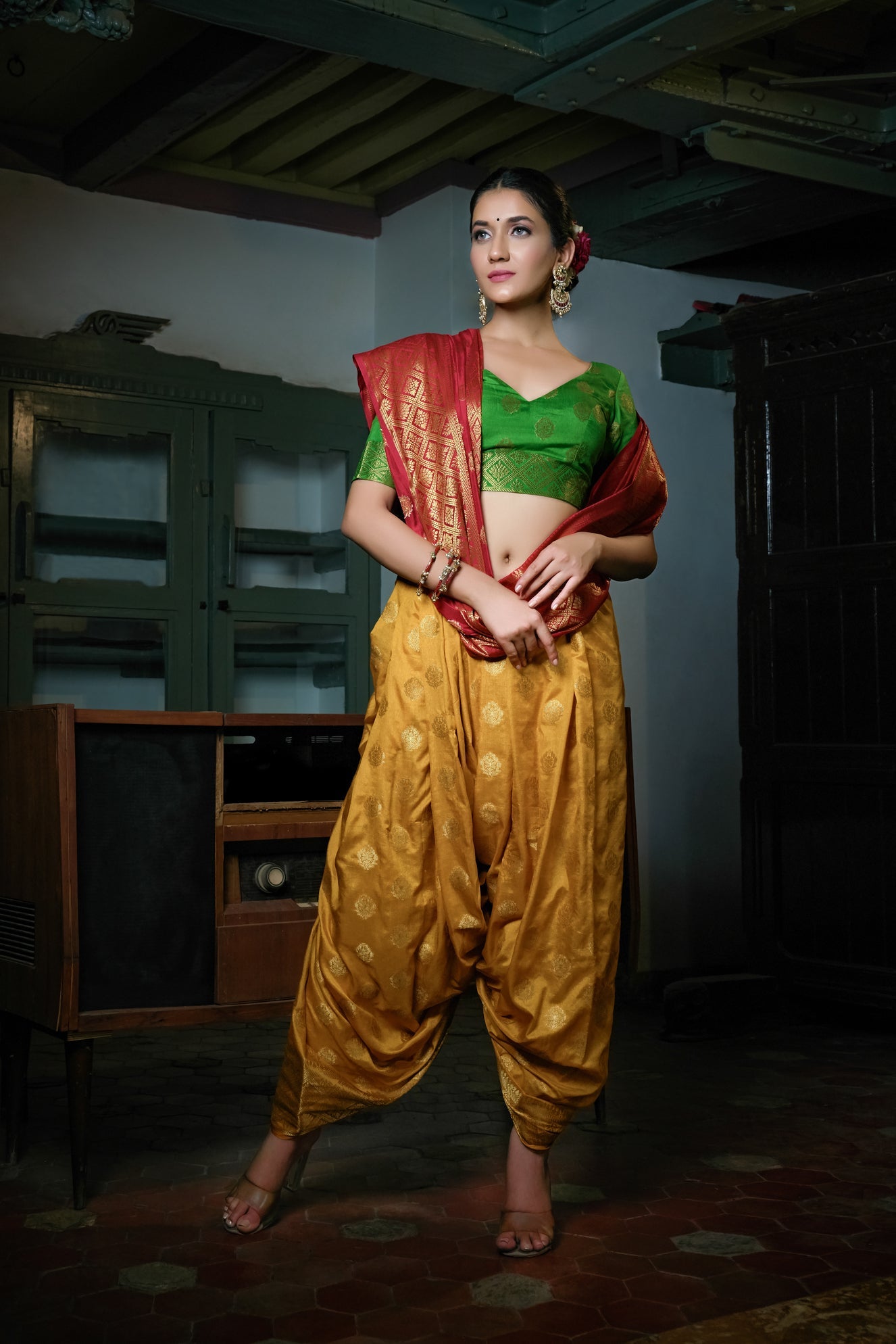 Mustard Yellow-Rosewood Red Golden Zari Banarasi Raw Silk Saree