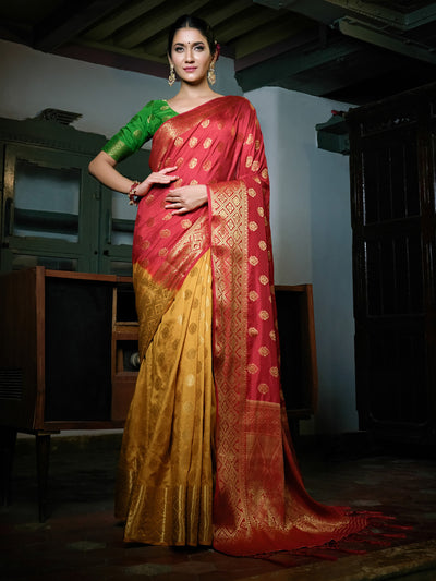 Mustard Yellow-Rosewood Red Golden Zari Banarasi Raw Silk Saree