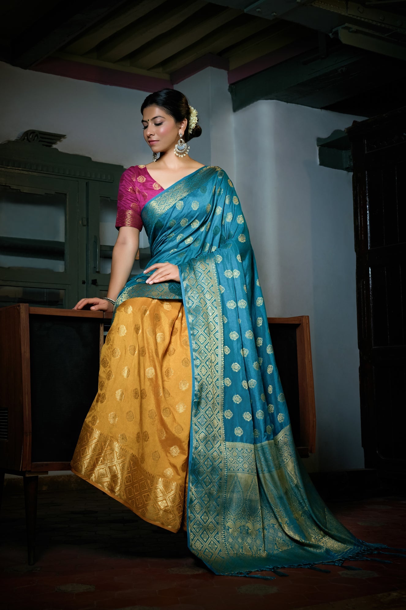 Sky Blue-Mustard Yellow Golden Zari Banarasi Raw Silk Saree